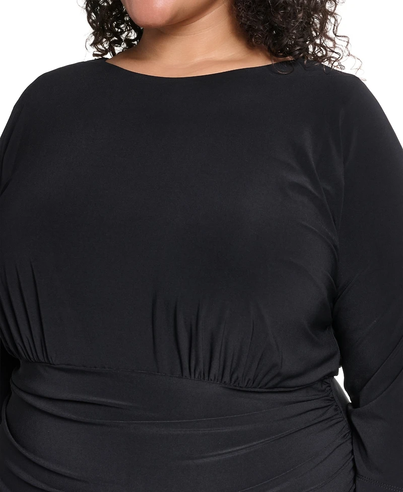 Vince Camuto Plus Jewel-Neck Elbow Sleeve Midi Dress