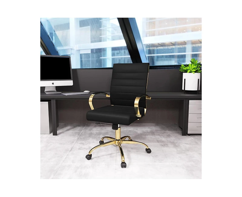 LeisureMod 30 Pcs Benmar Swivel Ergonomic Leather Office Chair with Gold Accents and Adjustable Height for Home