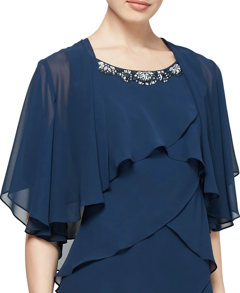 Sl Fashions Embellished Tiered Chiffon Dress & Capelet