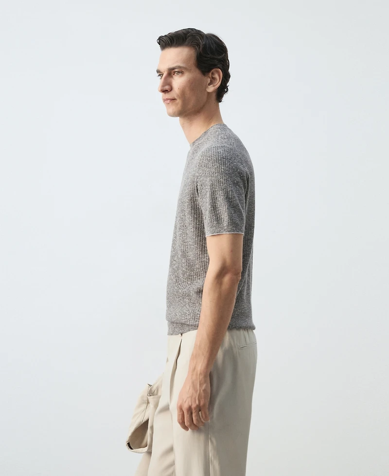 Mango Men's Ribbed Linen-Cotton Blend T-Shirt