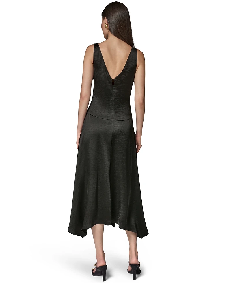 Donna Karan New York Women's Satin Sleeveless Surplice-Neck Draped A-Line Midi Dress