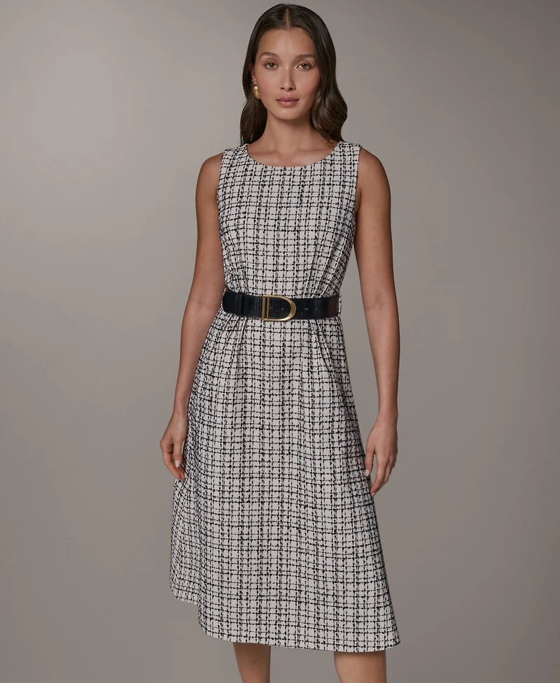 Donna Karan New York Women's Sleeveless Plaid Tweed Belted A-Line Dress