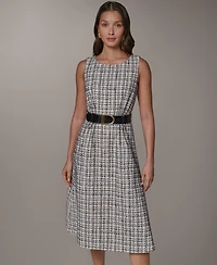 Donna Karan New York Women's Sleeveless Plaid Tweed Belted A-Line Dress