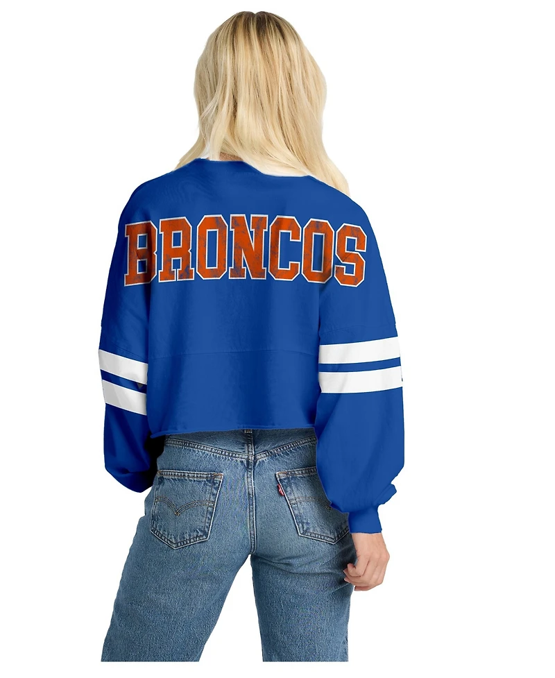 Spirit Jersey Women's Navy Denver Broncos Oversized Cropped Stripe Long Sleeve T-Shirt