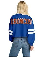 Spirit Jersey Women's Navy Denver Broncos Oversized Cropped Stripe Long Sleeve T-Shirt
