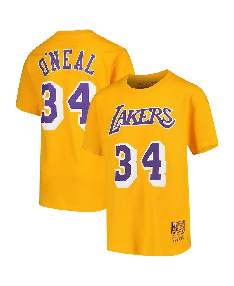Mitchell & Ness Big Boys and Girls Shaquille O'Neal Gold Los Angeles Lakers Hardwood Classics Name Number T-Shirt