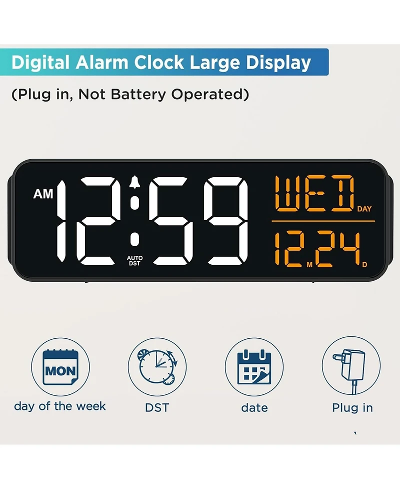 Neewer Large Display Digital Alarm Clock for Bedroom, Date Day of Week Desk Table Clocks for Living Room Office, Dimmable 5 Dimmers Plug in Electric