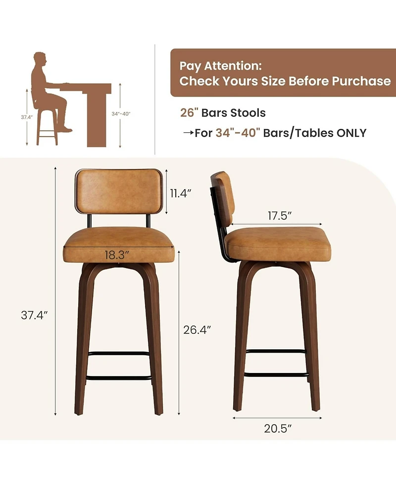 gaomon Swivel Bar Stools Set of 2, 26 Inch Upholstered Counter Height Bar Stools with Back and Wood Legs