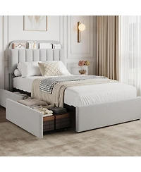 gaomon Twin Xl Bed Frame with Storage Headboard, Boucle Kids Bed Frame with 2 Drawers, Upholstered Platform Bed Frame with Bookcase