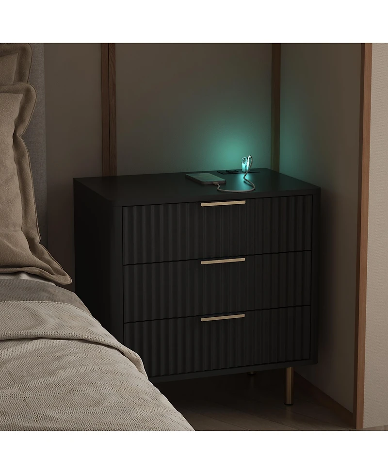 Clihome Modern Nightstand with Storage Cabinet, Charging Station, Bed Table Night Light