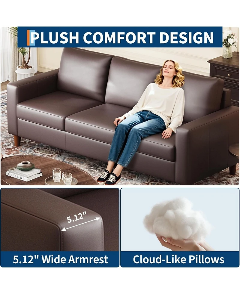 gaomon 85" Leather Couch for Living Room, Modern Leather Sofa with Padded Backrest, Upholstered Sofa with Deep Seat, 3-seat Sofa for Living Room