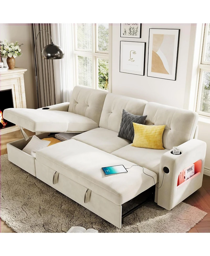 gaomon 84 Inch Sleeper Sofa Couch for Living Room, L-Shaped Sofa, Convertible Pull Out Sofa Bed with Storage, Charging Station, Led Lights