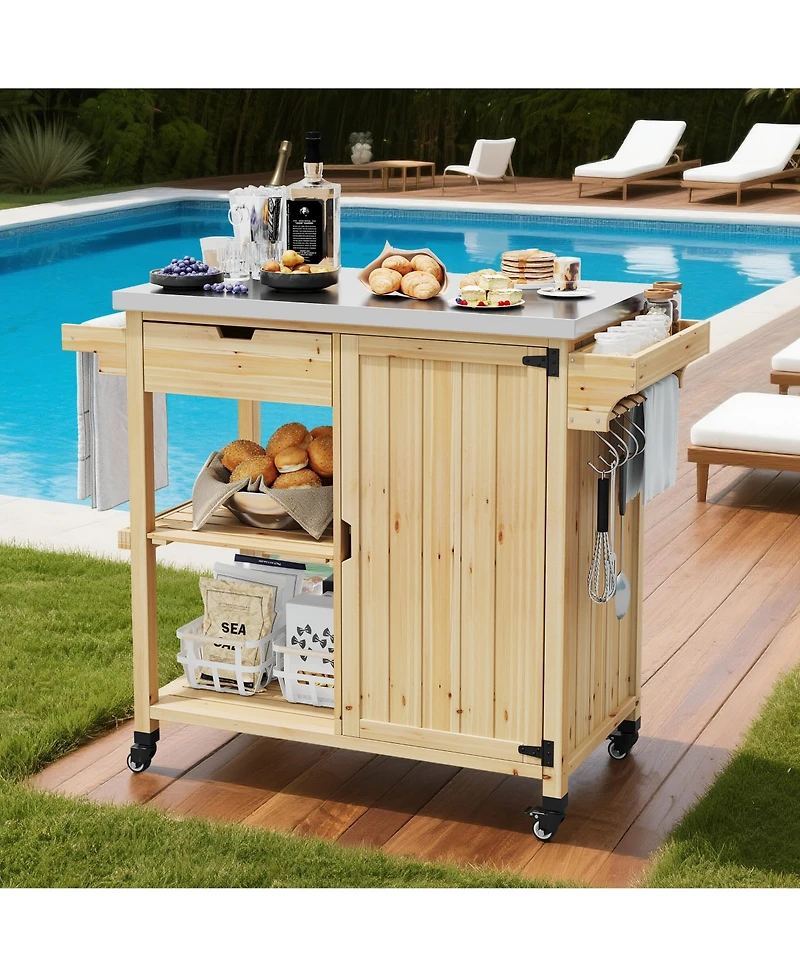 gaomon Portable Outdoor Grill Cart Kitchen Island Stainless Steel Top, Storage Cabinet, Drawer, Spice Rack, Open Shelves Rolling Bbq Prep Table