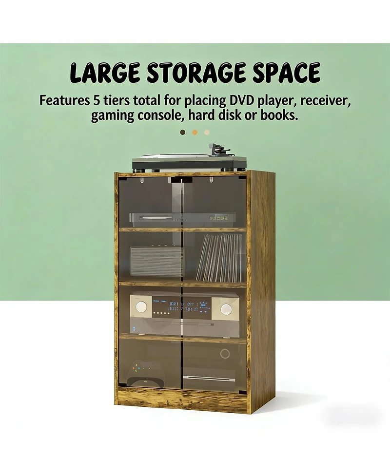 Clihome 4-Tier Media Storage Cabinet, Audio Rack with Tempered Glass Doors - Adjustable Shelves