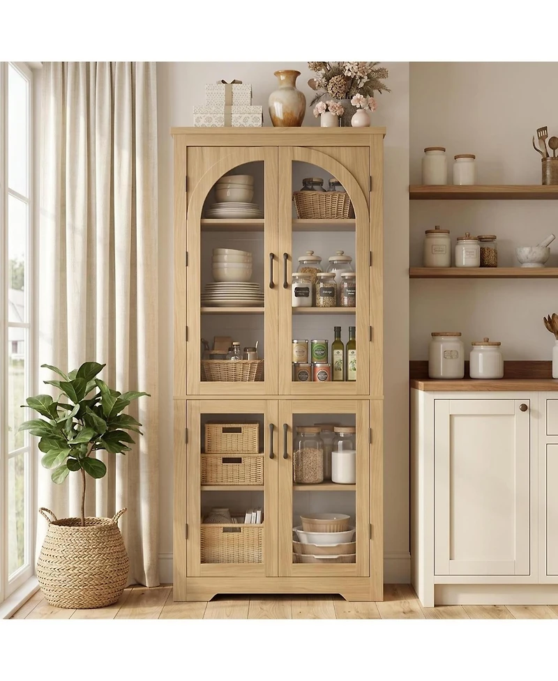 gaomon Kitchen Pantry Cabinet Modern Display with 4 Arched Glass Doors and Adjustable Shelves