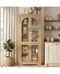 gaomon Kitchen Pantry Cabinet Modern Display with 4 Arched Glass Doors and Adjustable Shelves
