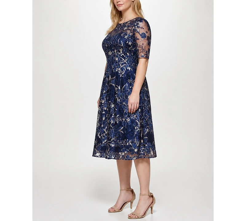 Eliza J Plus Embroidered Lace Boat Neck Midi Dress