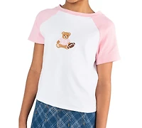 Tween Diva Girls' 7-12 Bear Graphic Raglan Sleeve T-Shirt, Plaid Skort and Bracelet, 3-Piece Set