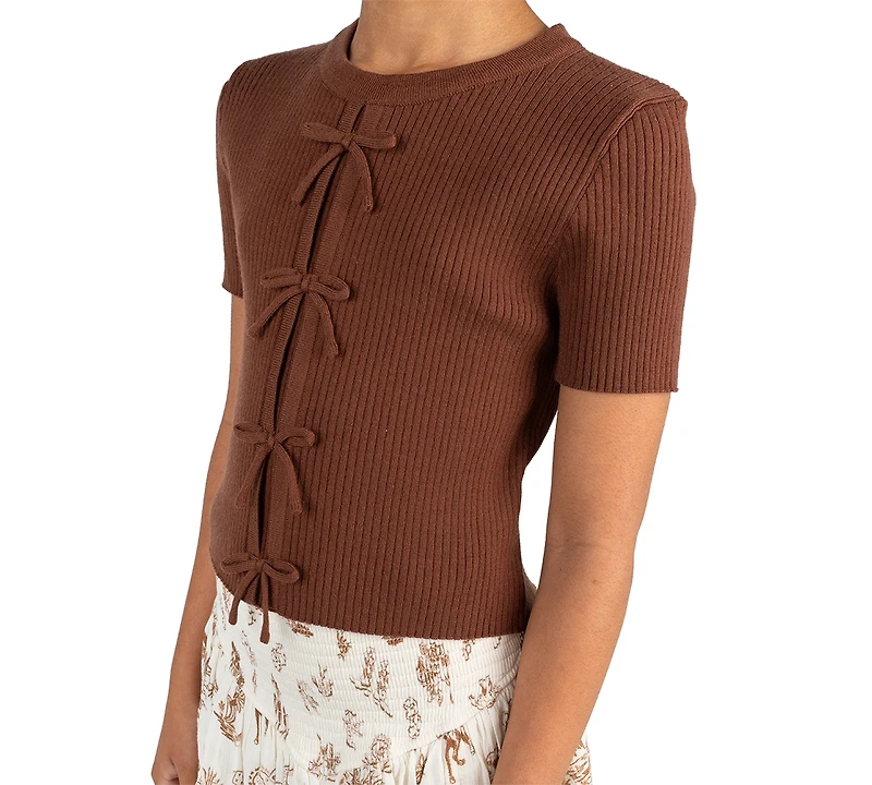 Tween Diva Girls' 7-12 Rib Knit Bow Sweater, Printed Skort and Satin Hair Bow, 3-Piece Set