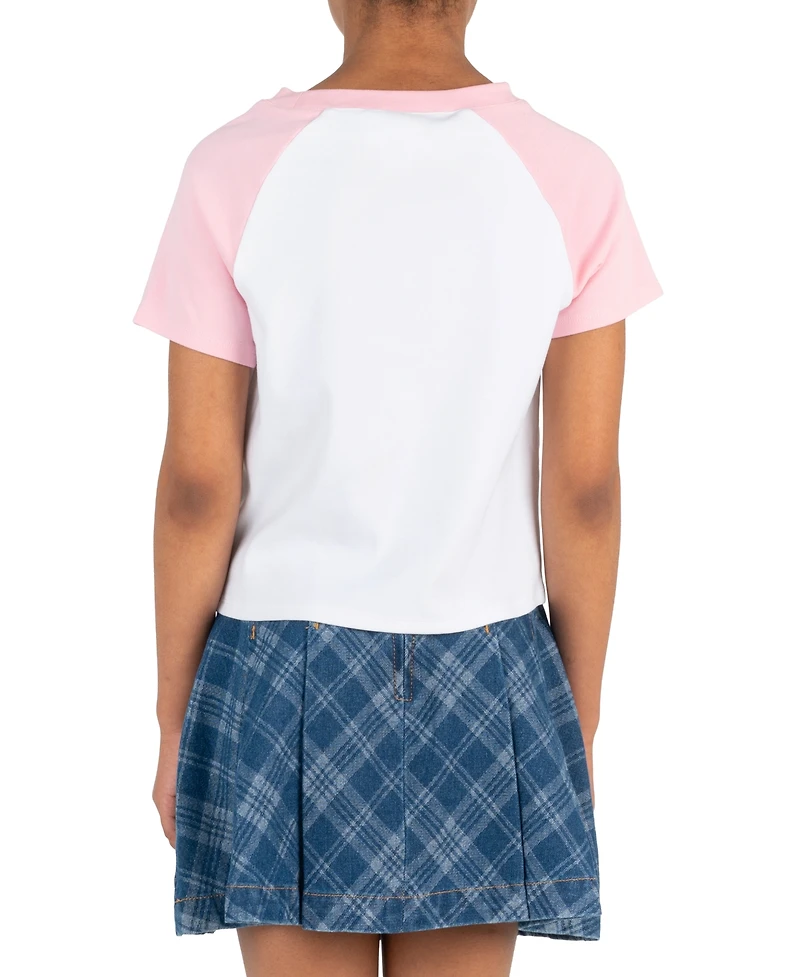 Tween Diva Girls' 7-12 Bear Graphic Raglan Sleeve T-Shirt, Plaid Skort and Bracelet, 3-Piece Set