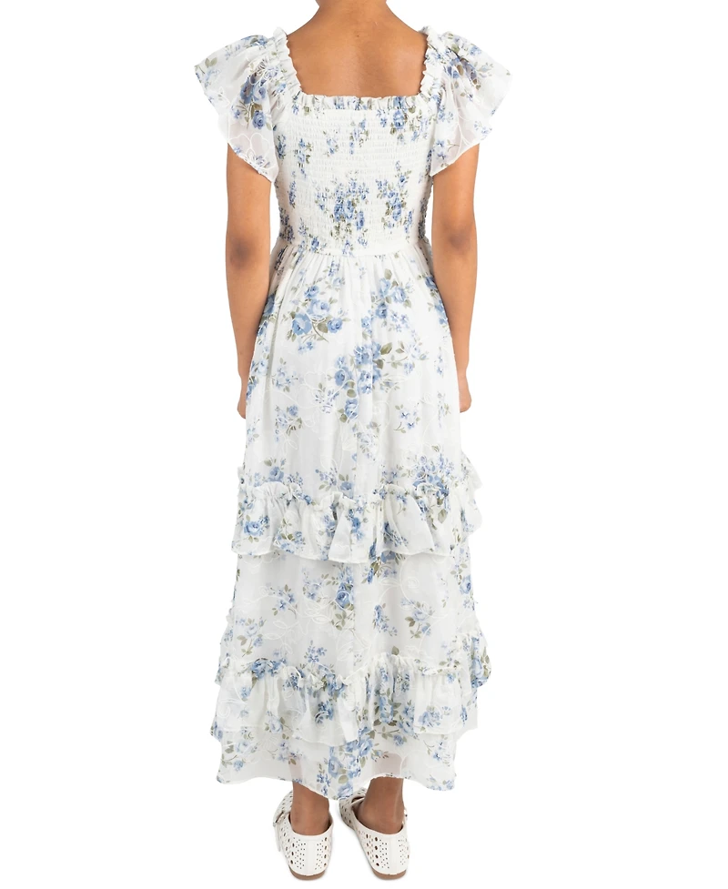 Rare Editions Girls' 7-16 Floral Print Chiffon Smocked Flutter Sleeve Midi Dress