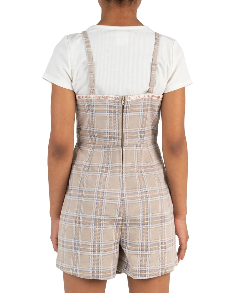Rare Editions Girls' 7-16 Short-Sleeve T-Shirt and Plaid Woven Overlap Skirt Romper, 2-Piece Set
