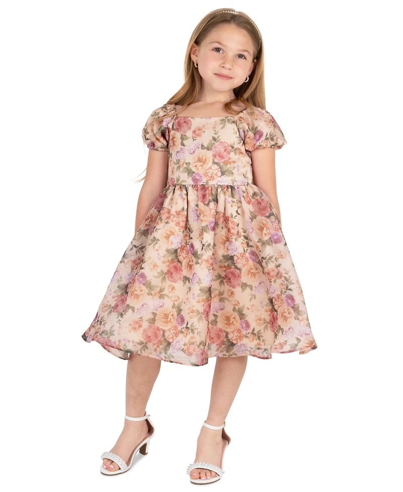 Rare Editions Girls' 2T-6X Floral Print Shimmer Organza Puff Sleeve Dress