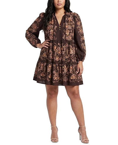 Taylor Plus Printed Chiffon Babydoll V-Neck Dress