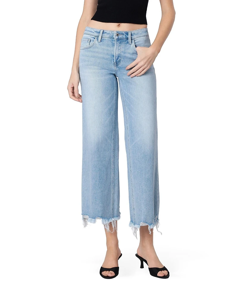 Vervet Women's Mid Rise Raw Distressed Hem Crop Wide Leg Jeans