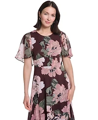 Calvin Klein Women's Flutter-Sleeve Floral Chiffon Fit & Flare Dress