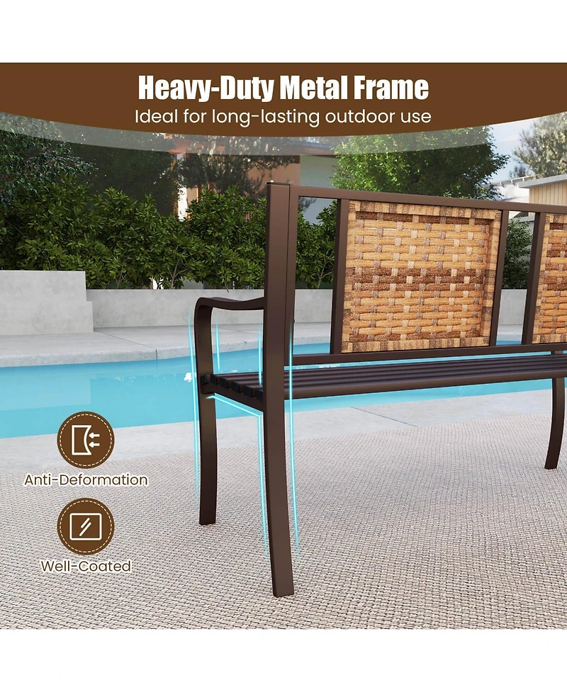 Costway 51" Patio Metal Bench for 2-3 with Rattan Backrest and Curved Armrests for Backyard