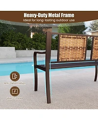 Costway 51" Patio Metal Bench for 2-3 with Rattan Backrest and Curved Armrests for Backyard