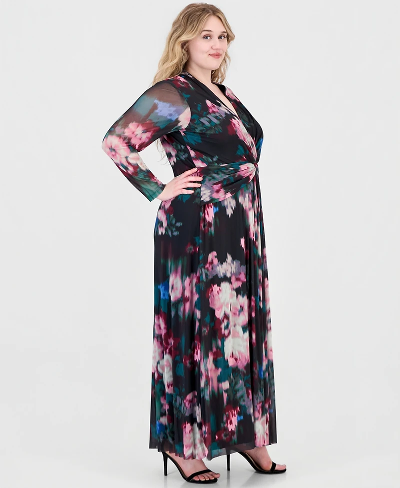 Anne Klein Plus Twist Front Floral-Print Maxi Dress