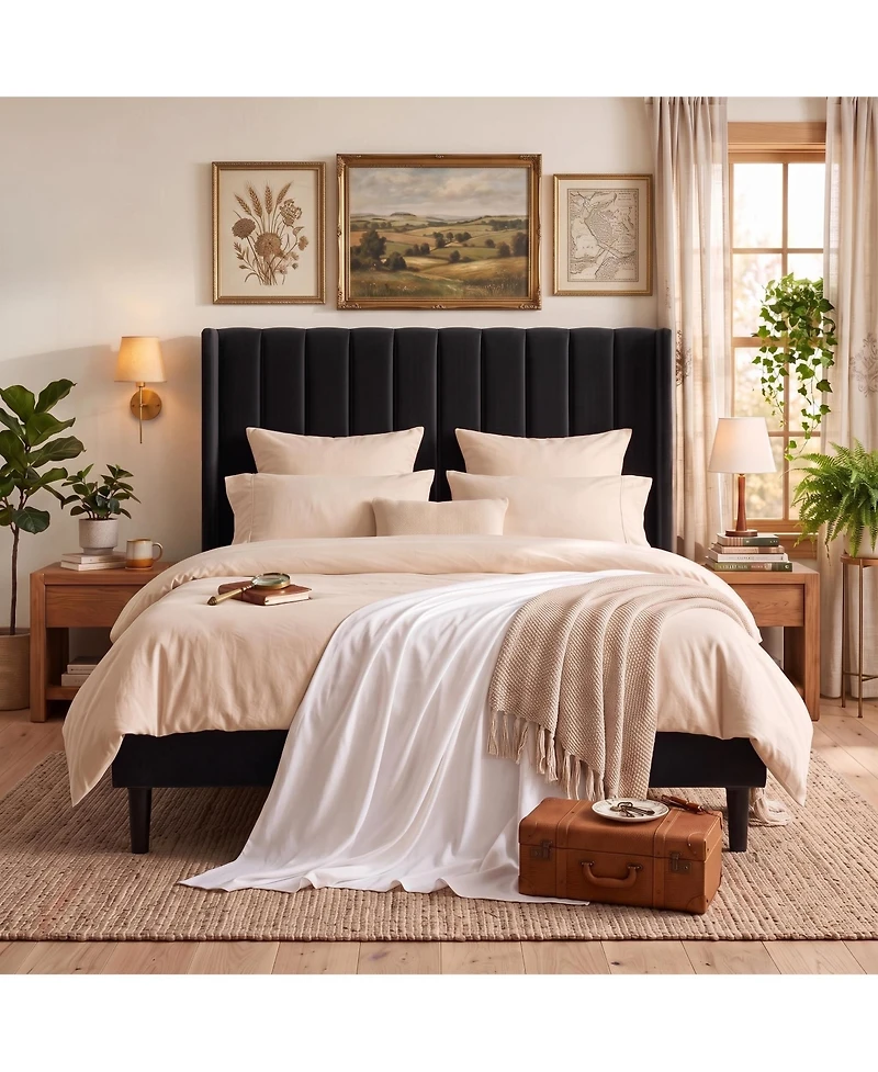 Upholstered Platform Bed Frame with 52 Inch High Vertical Channel Tufted Wingback Headboard, Wooden Slat Support