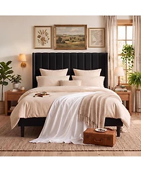 Upholstered Platform Bed Frame with 52 Inch High Vertical Channel Tufted Wingback Headboard, Wooden Slat Support