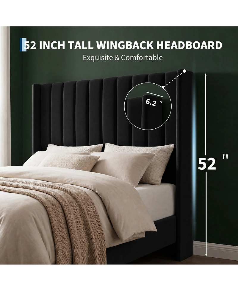 Upholstered Platform Bed Frame with 52 Inch High Vertical Channel Tufted Wingback Headboard, Wooden Slat Support