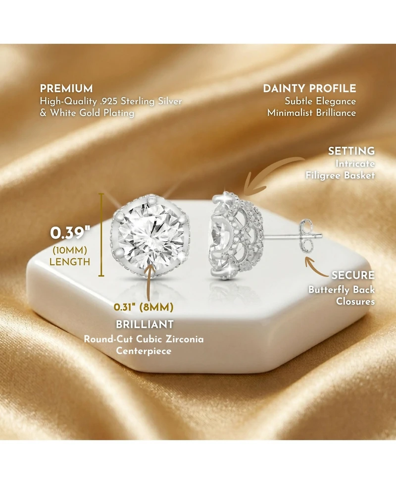 Sterling Silver White Gold Plated Round-cut Cubic Zirconia Stone stud Earring