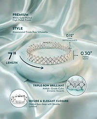 Rachel Glauber White Gold Plated with Clear Cubic Zirconia Three Row Bracelet