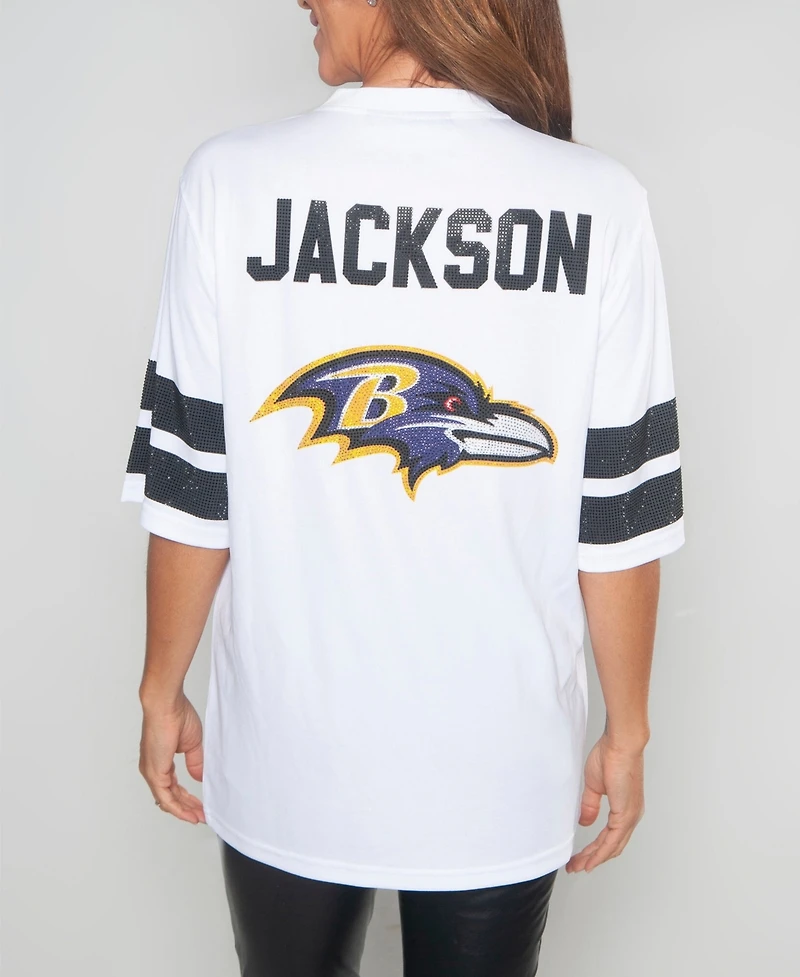 Cuce Women's Lamar Jackson White Baltimore Ravens Crystal V-Neck Tunic Top