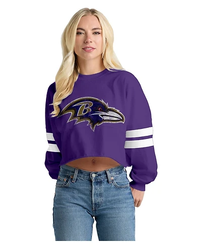Spirit Jersey Women's Purple Baltimore Ravens Oversized Cropped Stripe Long Sleeve T-Shirt