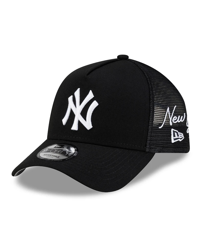 New Era Men's Black New York Yankees Side Script 9FORTY A-Frame Trucker Adjustable Hat