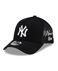 New Era Men's Black New York Yankees Side Script 9FORTY A-Frame Trucker Adjustable Hat