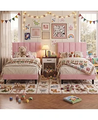 Gaomon 2 Set of Twin Size Bed Frame with Adjustable Height Vertical Channel Tufted Headboard, Upholstered Platform Bed Frame with Wooden Slats Support