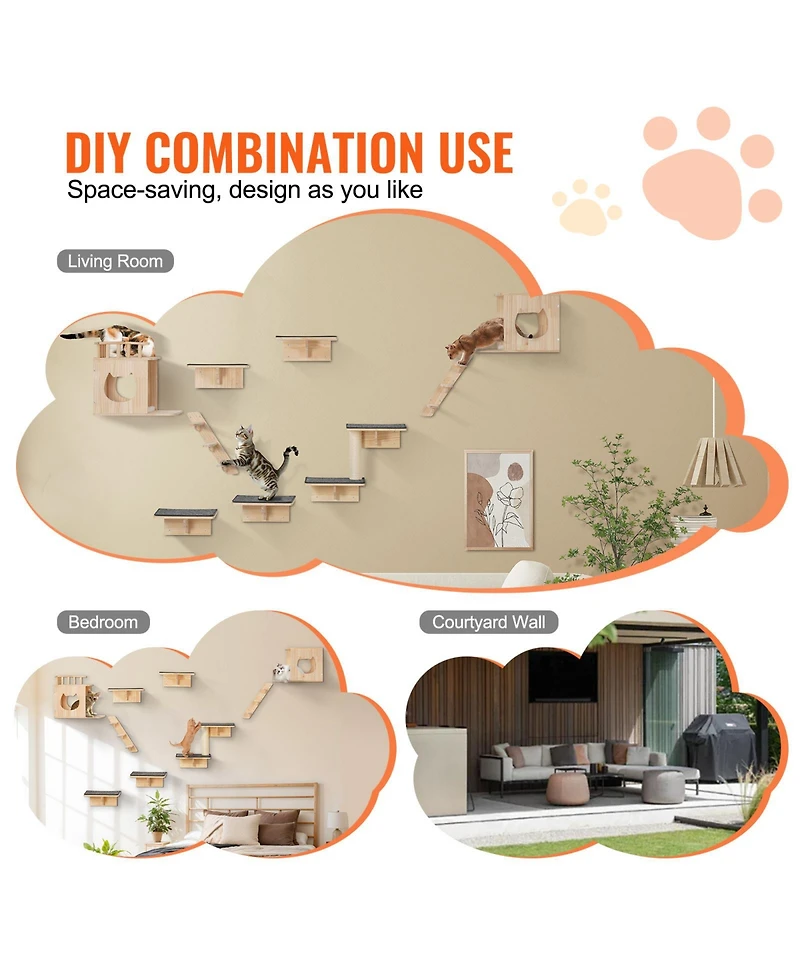 Vevor Wall Mounted Cat Shelves Tree with Jumping Boards Nests Hammock Set of 9