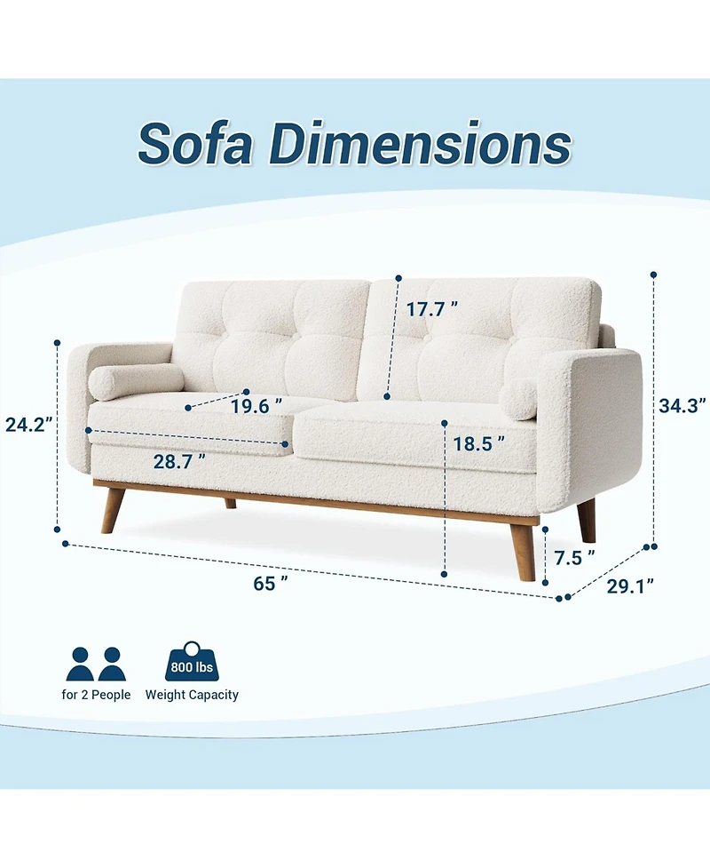 gaomon 65" Mid Century Modern Loveseat Sofa for Small Spaces, 2 Seater Boucle Upholstered Couch with Button Tufted Design and Wood Legs