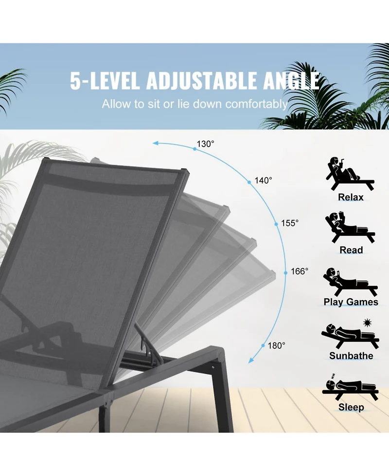 Yiortwo Outdoor Patio Chaise Lounge Chair, 5 Position Adjustable Reclining Lounger