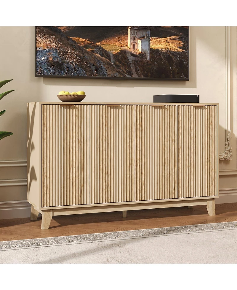 homfan Fluted Tv Stand with Storage 55" Buffet Cabinet with 4 Doors and Adjustable Shelf for Living Room, Bedroom
