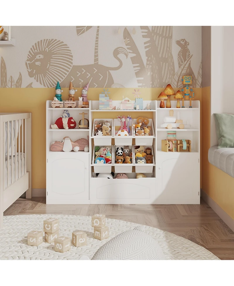 homfan 8-Bin Toy Storage Organizer, 43.5" Wide Kids Bookcase with Removable Boxes, for Playroom and Classroom