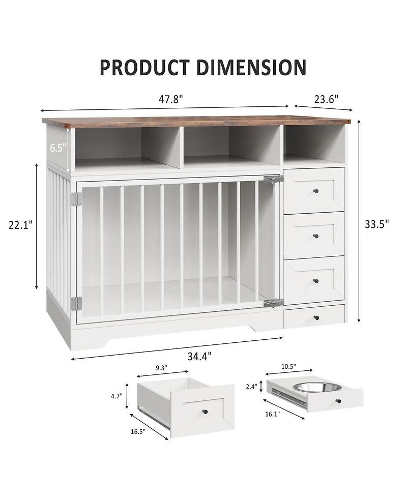 gaomon 48 Inch Dog Crate Furniture with Bowl and Drawers, Farmhouse Medium Small Dog Kennel, Storage Crate Table for Dogs for Living Room
