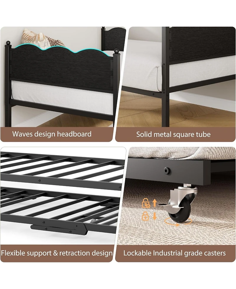 gaomon Daybed with Trundle, Twin Day Bed Metal Slat Support and Lockable Casters, Wavy Headboard Wood Grain, Space Saving Sofa